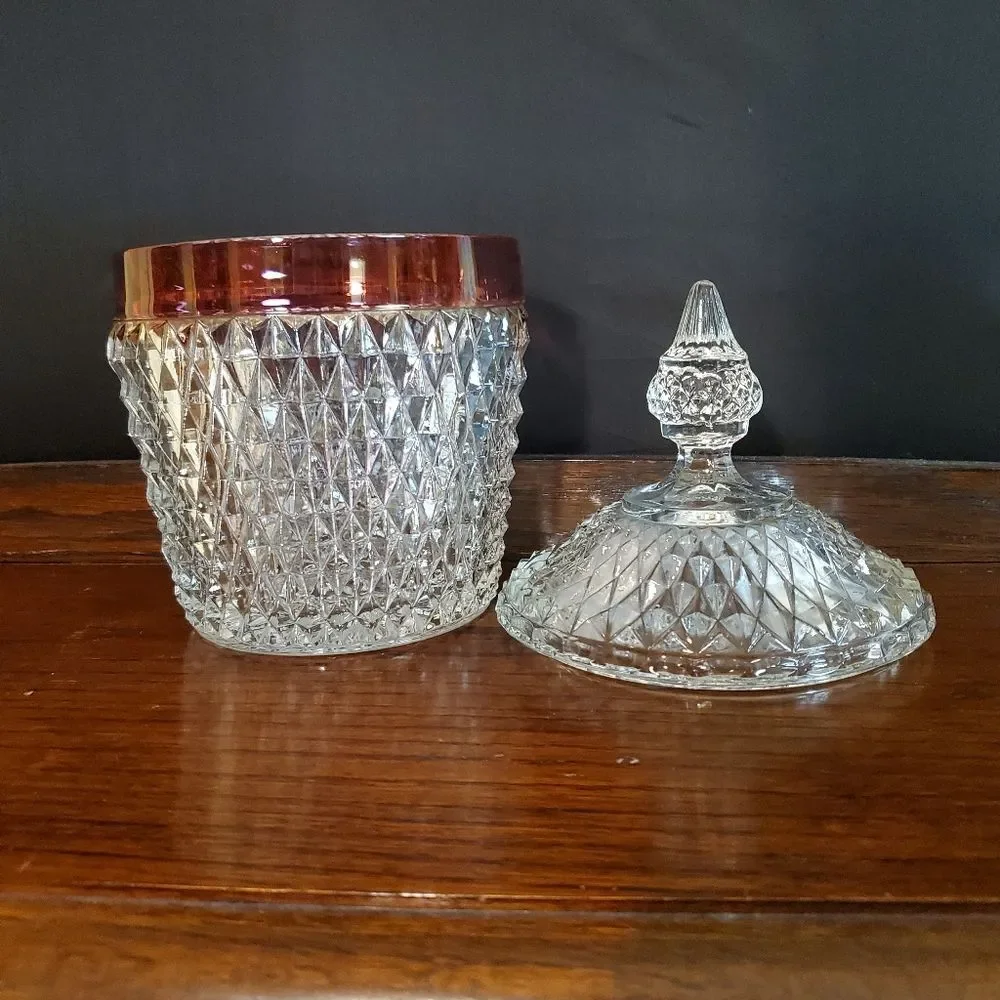 Vintage Diamond Point Clear with Ruby Rim Band Ice Bucket Indiana Glass
